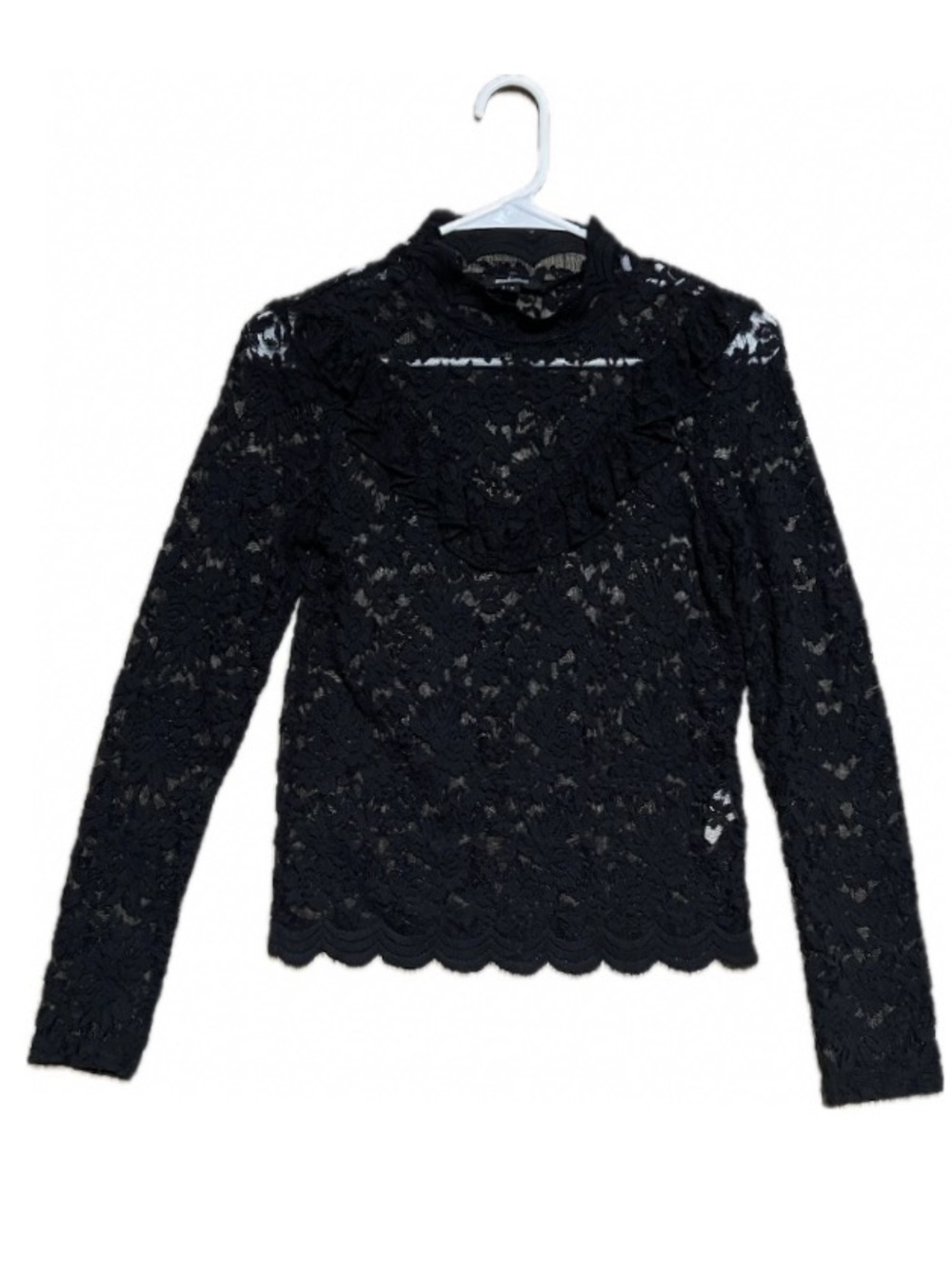 Y2K Vampy Whimsical Goth Black Sheer Lace Mock Neck Ruffle Long Sleeve Blouse S